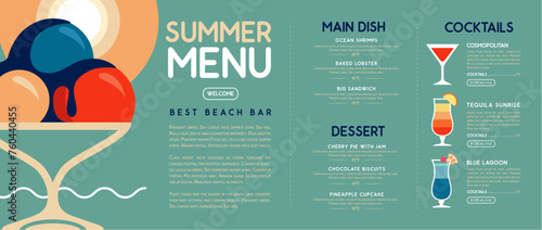 Retro summer restaurant cocktail menu design. Vector illustration