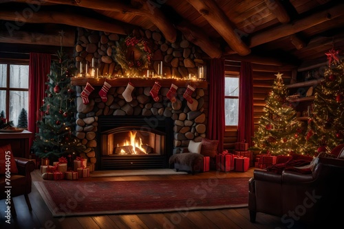 Cozy cabin room with a roaring fireplace and seasonal decor