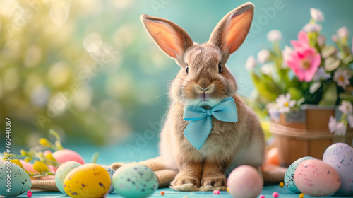 Adorable Easter bunny with festive eggs and spring flowers.