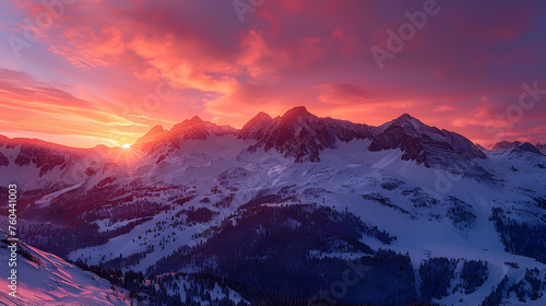Breathtaking sunrise painting the sky in shades of pink and red over majestic snow-capped mountain peaks, creating a dramatic alpine scene.