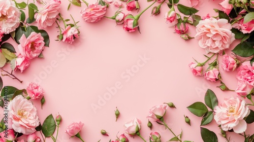 wallpapers a Beautiful flowers composition. Blank frame for text, pink rose flowers on pastel pink background. Valentines Day,