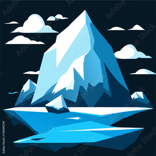 A stylized iceberg with snow-capped peaks and a large ice floe, set against a dark blue sky with clouds.