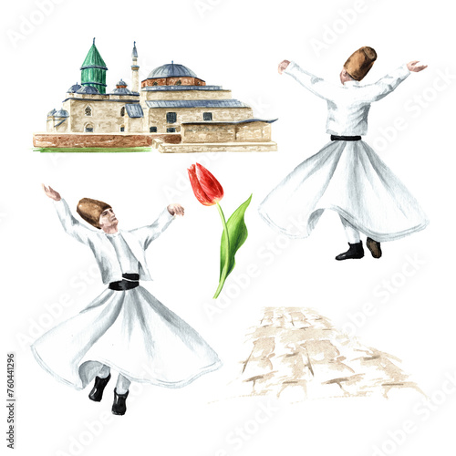 Whirling dervish and Mevlana mosque in Konya, Turkey,  Hand drawn watercolor  illustration  isolated on white background photo