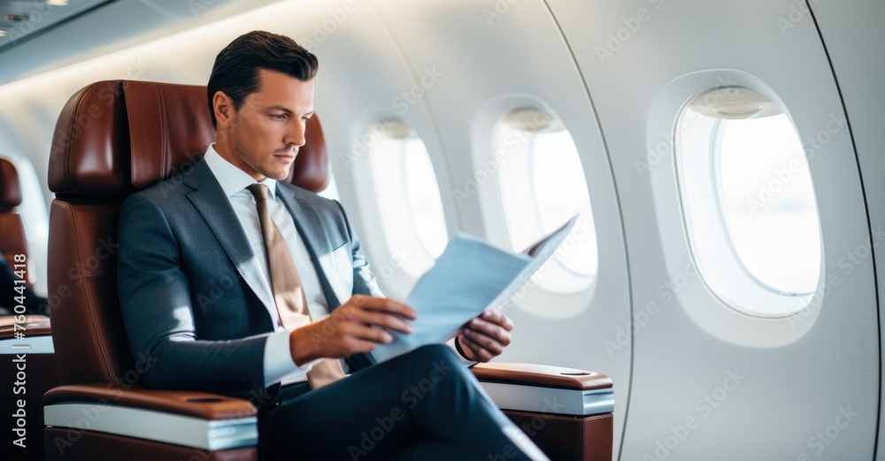 Dedicated businessman reading a report in business class, highlighting focus and professional travel.