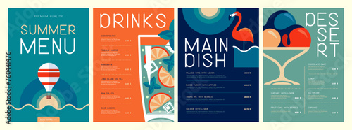 Retro summer restaurant menu design with cocktail, flamingo, ice cream and hot air balloon. Vector illustration