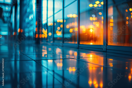 Blurred glass reflections  modern business office environment  modern architecture background  and bokeh lights