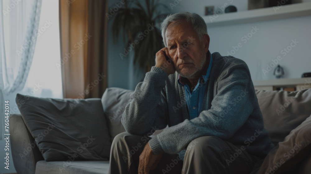 Pensive elderly man sitting alone with a somber expression, enveloped in a quiet home atmosphere.