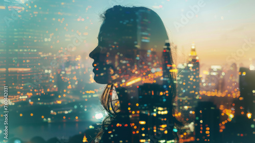 Urban dreamscape with a young woman's silhouette blended into the night skyline.