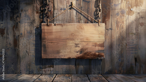 Blank wooden sign hanging on an old wooden door. photo