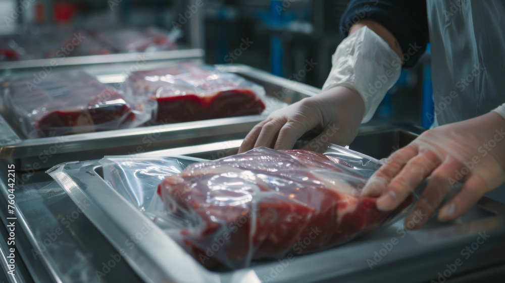 Gloved hands package fresh meat, ensuring quality control in food industry standards.