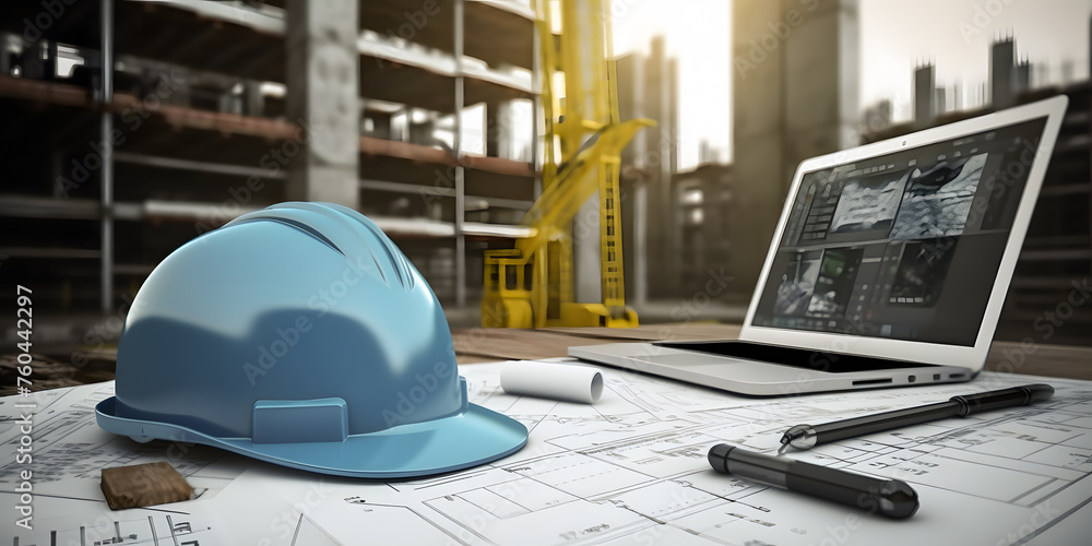 Concept building industry background banner. Construction blueprints with tools and computer tablet with hard hat - obrazy, fototapety, plakaty 