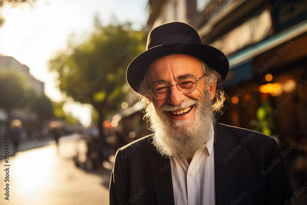 Portrait happy Jewish elder man smiling on outdoors summer in Israel with sunlight