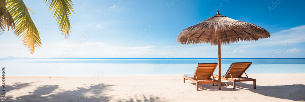 Panorama tranquil beach scene, with azure waters, under bright blue umbrella. Concept banner tourism, lux travel place for relax on tropical.