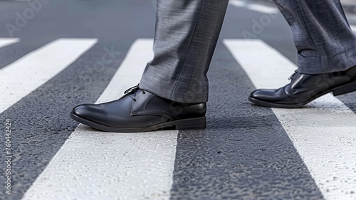 Businessman wearing a suit on while crossing a zebra crossing © Yuwarin