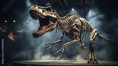 Fierce T-Rex skeleton on display, evoking prehistoric times in dramatic museum exhibit.