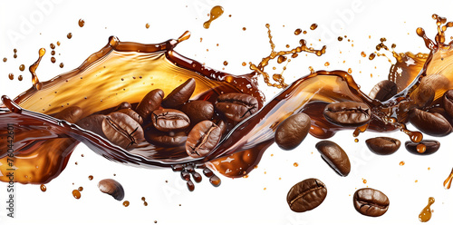 Abstract coffee splashes with beans isolated on white background, banner for design element or web page template