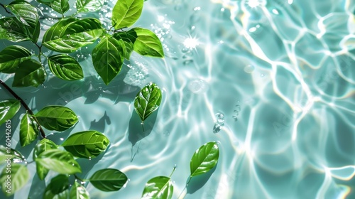 Spa Product Green leaves show clear water on a light background. Summer concept, flat lay, top view. background for the display of natural cosmetics. Nature background for luxury product placement photo