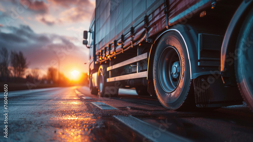 Close-up of a cargo truck  on the road at sunrise