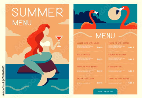 Retro summer restaurant menu design with mermaid and cocktail glass. Vector illustration