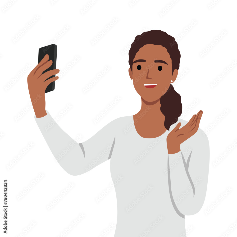 Happy woman talking video call on smartphone and waving with hand. Flat vector illustration isolated on white background Happy woman talking video call on smartphone and waving with hand. Flat vector illustration isolated on white background