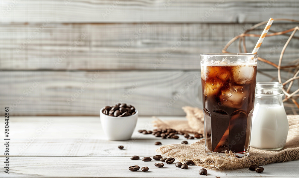 cold brew coffee with milk on white wooden table cold brew coffee with milk on white wooden table
