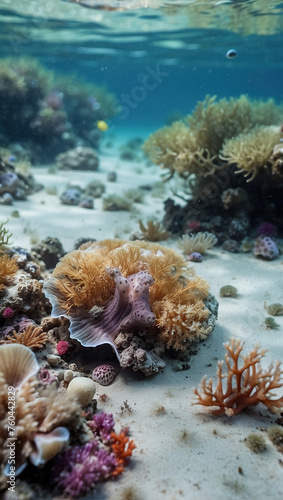 The beauty of the underwater world is in the sun's rays that break through the water. Multi-colored corals, shells and fish.