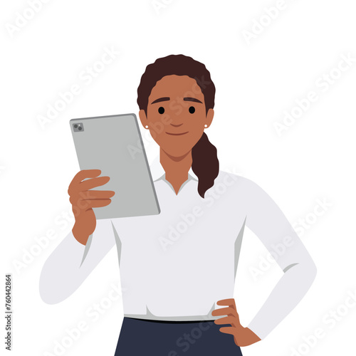 Young woman holds a tablet pc in her hand and another hand on waist. Flat vector illustration isolated on white background