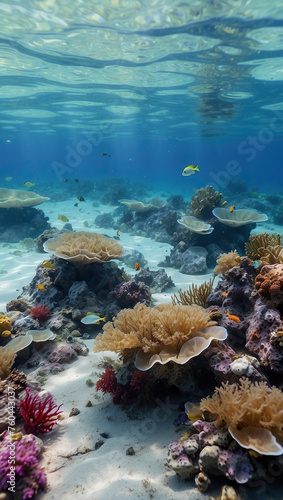 The beauty of the underwater world is in the sun's rays that break through the water. Multi-colored corals, shells and fish.