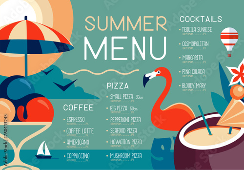 Retro summer restaurant menu design with flamingo, ice cream and pina colada cocktail. Vector illustration
