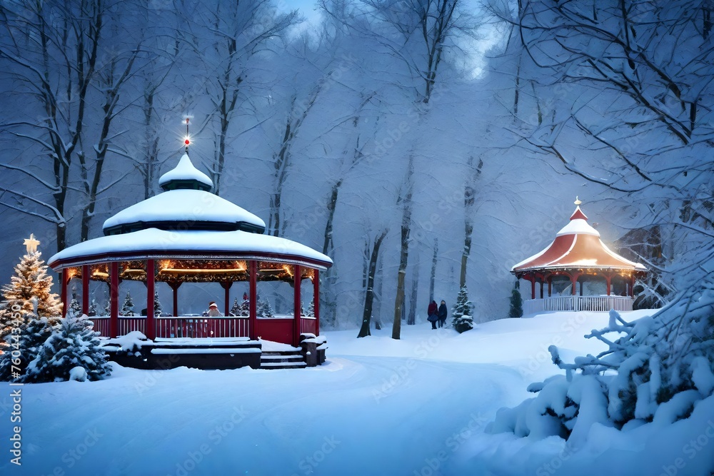 Enchanted winter garden with a path of shimmering lights that leads to a cozy gazebo Enchanted winter garden with a path of shimmering lights that leads to a cozy gazebo