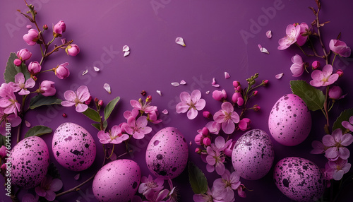 Purple speckled Easter eggs amidst blooming spring flowers. photo