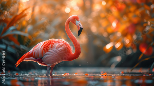 A flamingo standing in the swamp natural background