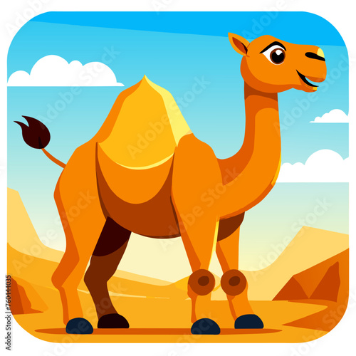 A cartoon camel with a hump stands on a desert landscape with blue skies and white clouds in the background.