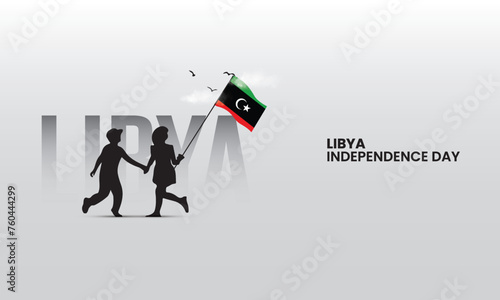 Libya independence day, happy children flying libya flag, libya typography, design for social media banner, poster 3D Illustration. 