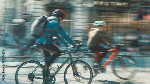 Dynamic urban scene with cyclists in motion blur racing through city streets.