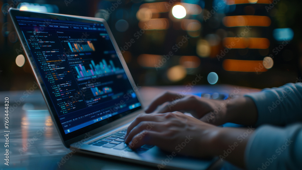 Hands typing on a laptop with glowing financial charts on screen. Hands typing on a laptop with glowing financial charts on screen.