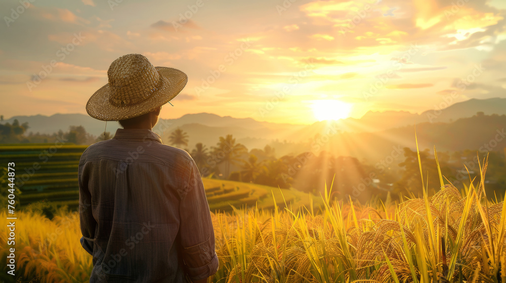 Farmer admiring the sunset over golden fields, a moment of rural tranquility. Farmer admiring the sunset over golden fields, a moment of rural tranquility.