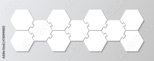 Business presentation info graphic with 11 pieces. Puzzle hexagonal grid. Hexagon puzzle infographics. Jigsaw business chain infographic. Process diagram with steps, parts. Vector illustration