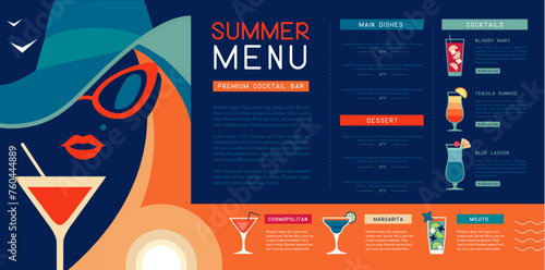 Retro summer restaurant cocktail menu design with lady in hat with martini glass. Vector illustration
