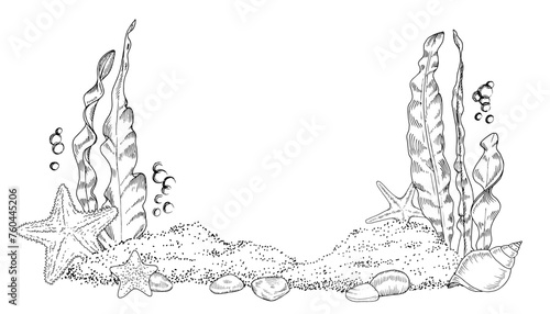 Sea Vector frame Border. Line art coral reef with seaweed. Hand drawn black and white graphic clipart. Outline illustration drawing of underwater beach. Rectangular background with space for text