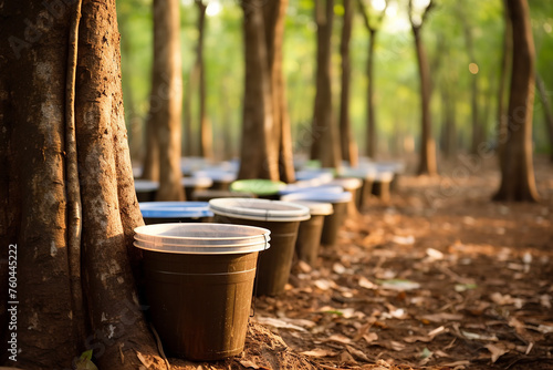 Rubber tree plantation. Rubber tapping in rubber tree garden in Thailand. Natural latex extracted from para rubber plant. Latex collect in plastic cup. Latex raw material. Hevea brasiliensis forest photo