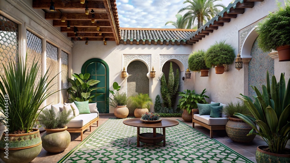 Moroccan style tiled courtyard with stunning architecture and beautiful plants