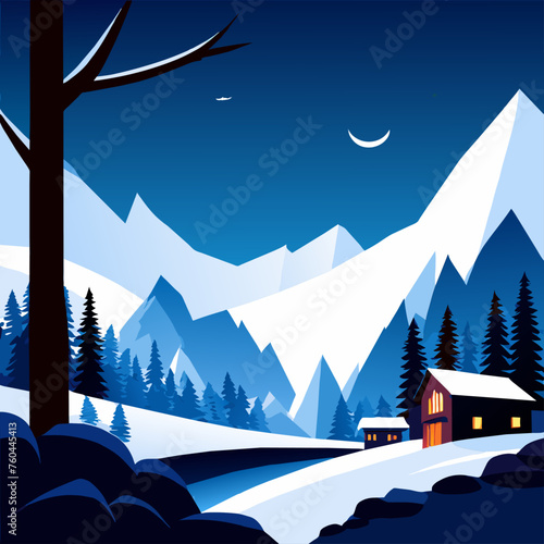 A snowy mountain range with a cabin nestled in the valley, lit up with warm light and illuminated by a crescent moon in the night sky.