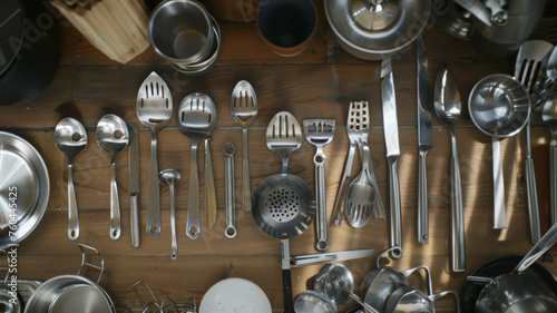 An organized chaos of kitchen utensils and cutlery laid out on a wooden surface from a bird's-eye view.