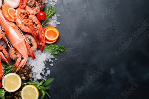 top view of seafood with copy space for text. Food background for stock photography - generative ai