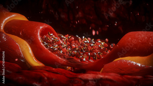 blood stream and cigarette butts. smoking health harm concept. Inside human body. 3d rendering.