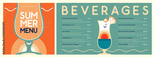 Retro summer restaurant cocktail menu design. Vector illustration
