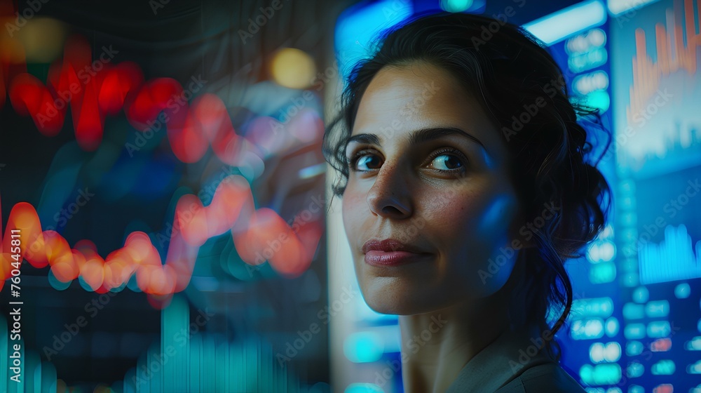 confident female investor looking display. background is display screen stock chart. generative AI confident female investor looking display. background is display screen stock chart. generative AI