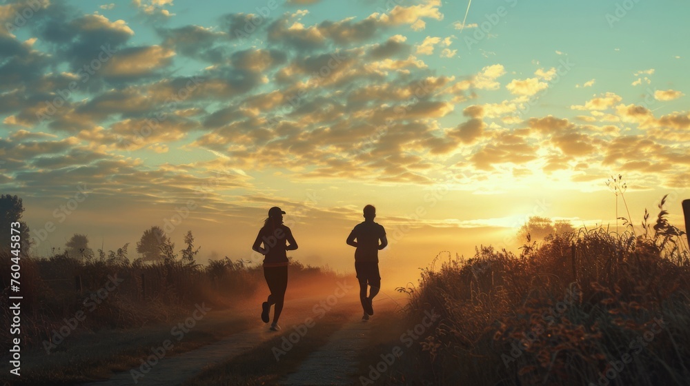 A couple of adults on a morning run, healty life, copy space, 16:9