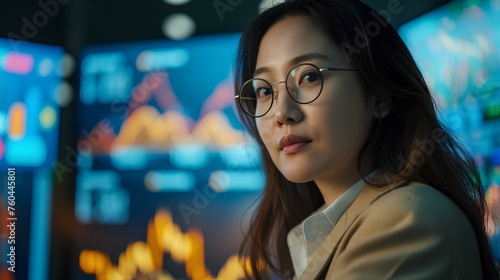 confident korean female investor looking display. background is display screen stock chart. generative AI